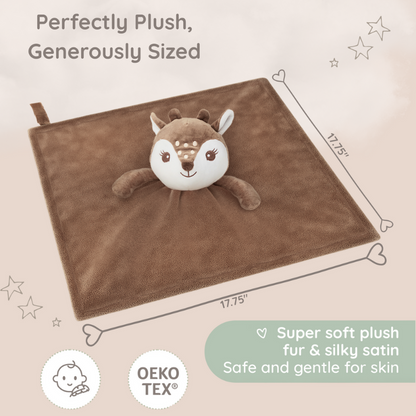 A Zelkii fawn LuviDuvi lovey, showing its 'awake' face and large 17.75-inch size, highlighting its 'convenient pacifier holder' and 'super soft plush fur.
