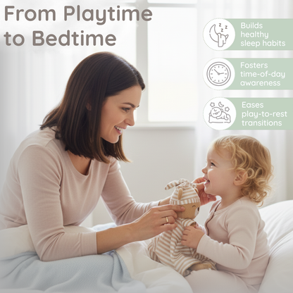 A mother and toddler use the 'asleep' Zelkii teddy bear LuviDuvi lovey for a bedtime routine, highlighting its ability to 'foster time-of-day awareness.
