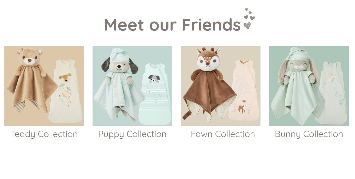 An overview image titled 'Meet our Friends', showcasing the four Zelkii collections: Teddy, Puppy, Fawn, and Bunny, each with an 'awake' LuviDuvi lovey and a matching bamboo sleep sack.