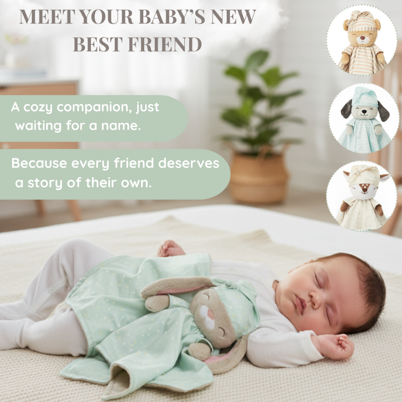 A baby sleeping on a bed with the 'asleep' Zelkii mint green bunny LuviDuvi lovey, with text 'Meet your baby's new best friend.