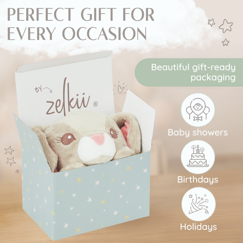 Zelkii bunny LuviDuvi lovey in its striped, gift-ready packaging, marketed as a 'perfect gift for every occasion.
