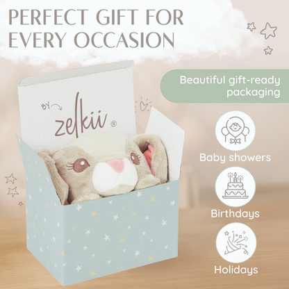 Zelkii bunny LuviDuvi lovey in its striped, gift-ready packaging, marketed as a 'perfect gift for every occasion.
