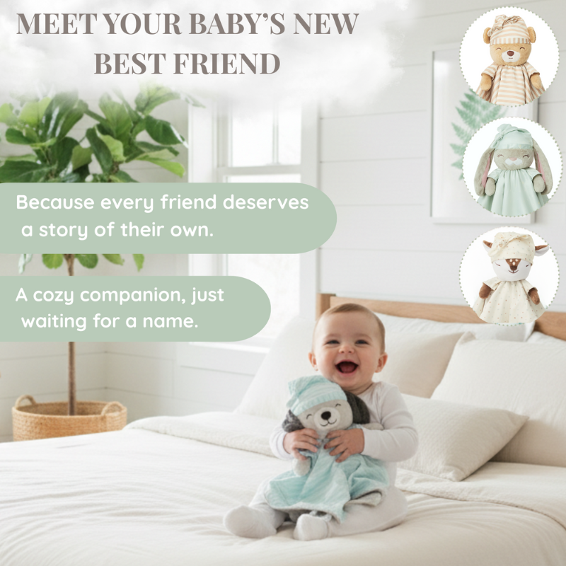 A happy baby holding the 'asleep' Zelkii blue puppy LuviDuvi lovey, with text 'Meet your baby's new best friend' and icons of the 'asleep' teddy, bunny, and fawn LuviDuvi loveys.