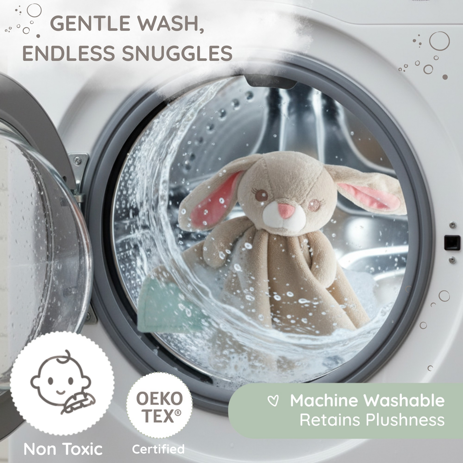Promotional image showing the Zelkii bunny LuviDuvi lovey is machine washable and 'OEKO-TEX Certified'
