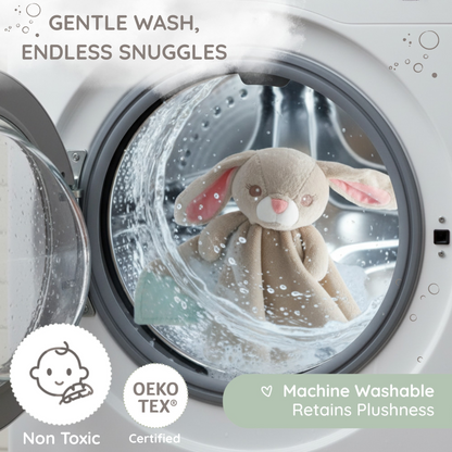 Promotional image showing the Zelkii bunny LuviDuvi lovey is machine washable and 'OEKO-TEX Certified'
