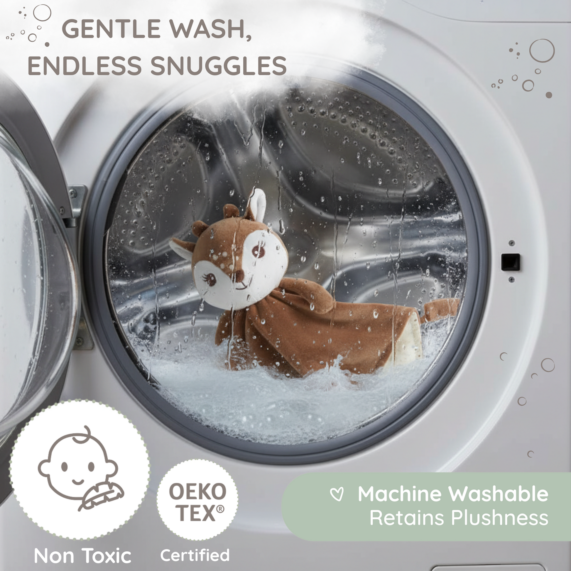 Promotional image showing the Zelkii fawn LuviDuvi  lovey is machine washable and 'OEKO-TEX Certified'
