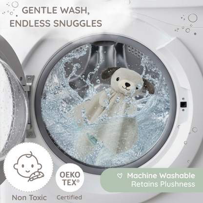Promotional image showing the Zelkii puppy LuviDuvi lovey is machine washable and 'OEKO-TEX Certified'