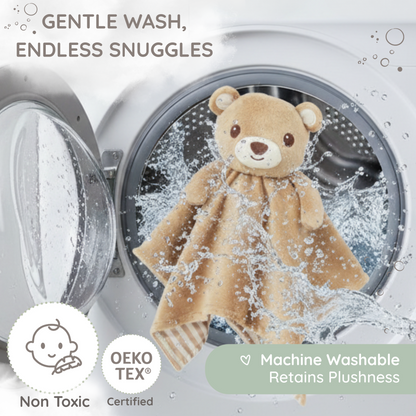 Promotional image showing the Zelkii teddy bear LuviDuvi lovey is machine washable and 'OEKO-TEX Certified'