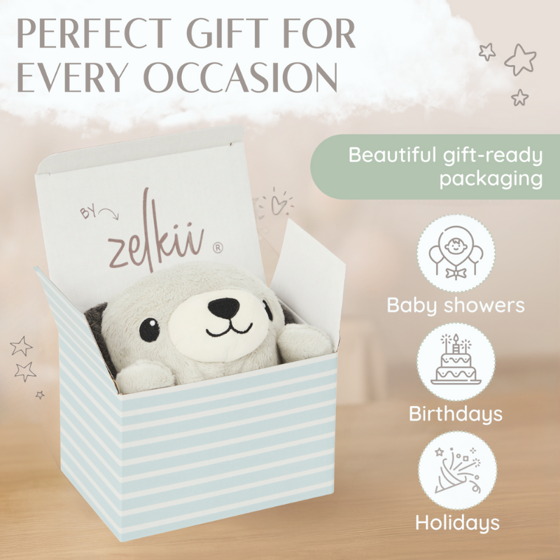 Zelkii puppy LuviDuvi lovey in its striped, gift-ready packaging, marketed as a 'perfect gift for every occasion.
