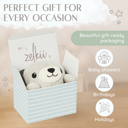Zelkii puppy LuviDuvi lovey in its striped, gift-ready packaging, marketed as a 'perfect gift for every occasion.
