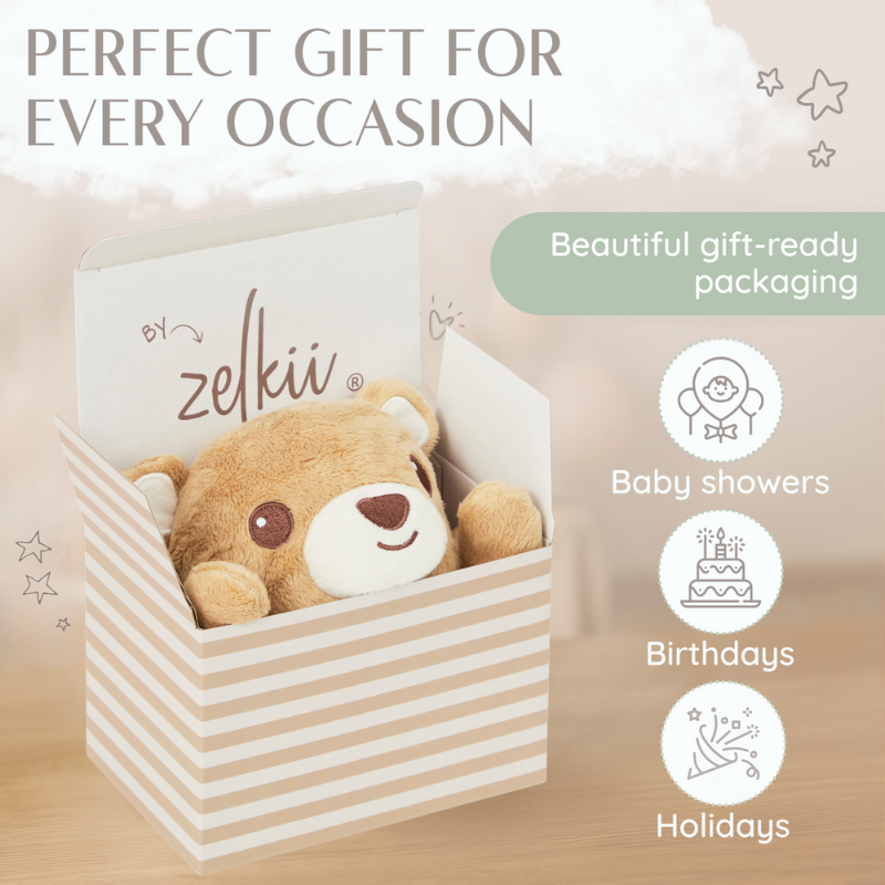 Zelkii teddy bear LuviDuvi lovey in its striped, gift-ready packaging, marketed as a 'perfect gift for every occasion.