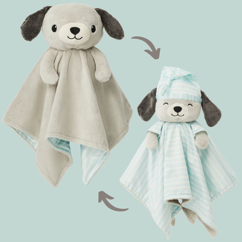 A soft Zelkii puppy LuviDuvi lovey, with images showing its reversible striped side.