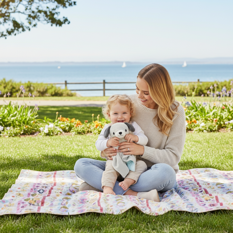 Smiling child and mother sitting on a blanket outdoors by the water, holding a soft Zelkii LuviDuvi puppy comforter.