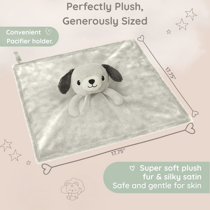 A Zelkii puppy LuviDuvi lovey, showing its 'awake' face and large 17.75-inch size, highlighting its 'convenient pacifier holder' and 'super soft plush fur.
