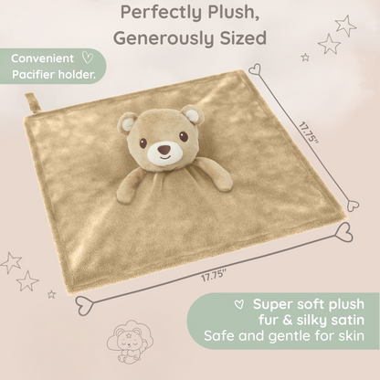 A Zelkii teddy bear LuviDuvi lovey, showing its 'awake' face and large 17.75-inch size, highlighting its 'convenient pacifier holder' and 'super soft plush fur.
