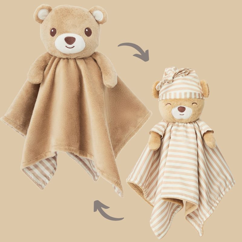 A soft Zelkii teddy bear LuviDuvi lovey, with images showing its reversible striped side.