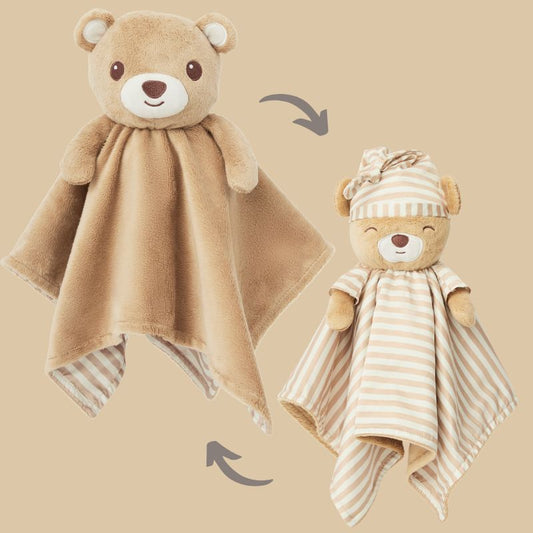 A soft Zelkii teddy bear LuviDuvi lovey, with images showing its reversible striped side.