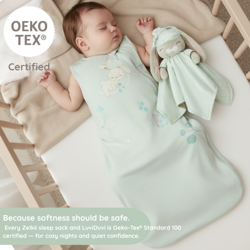 A baby sleeping in a Zelkii mint green bunny sleep sack, next to the matching 'asleep' bunny LuviDuvi lovey, with an 'OEKO-TEX Certified' logo.