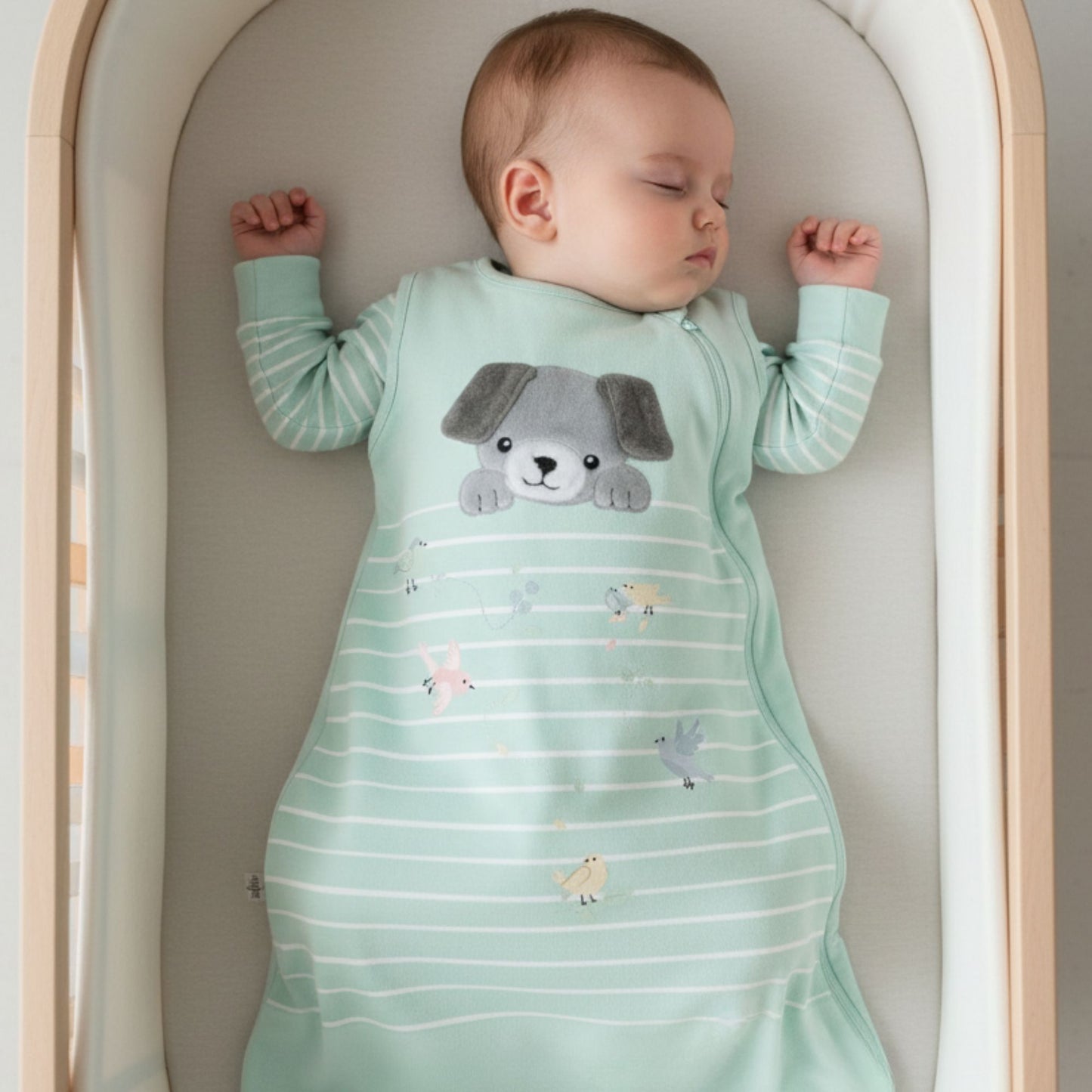 Sleeping baby in a Zelkii bamboo sleep sack featuring a cute puppy bear and birds design
