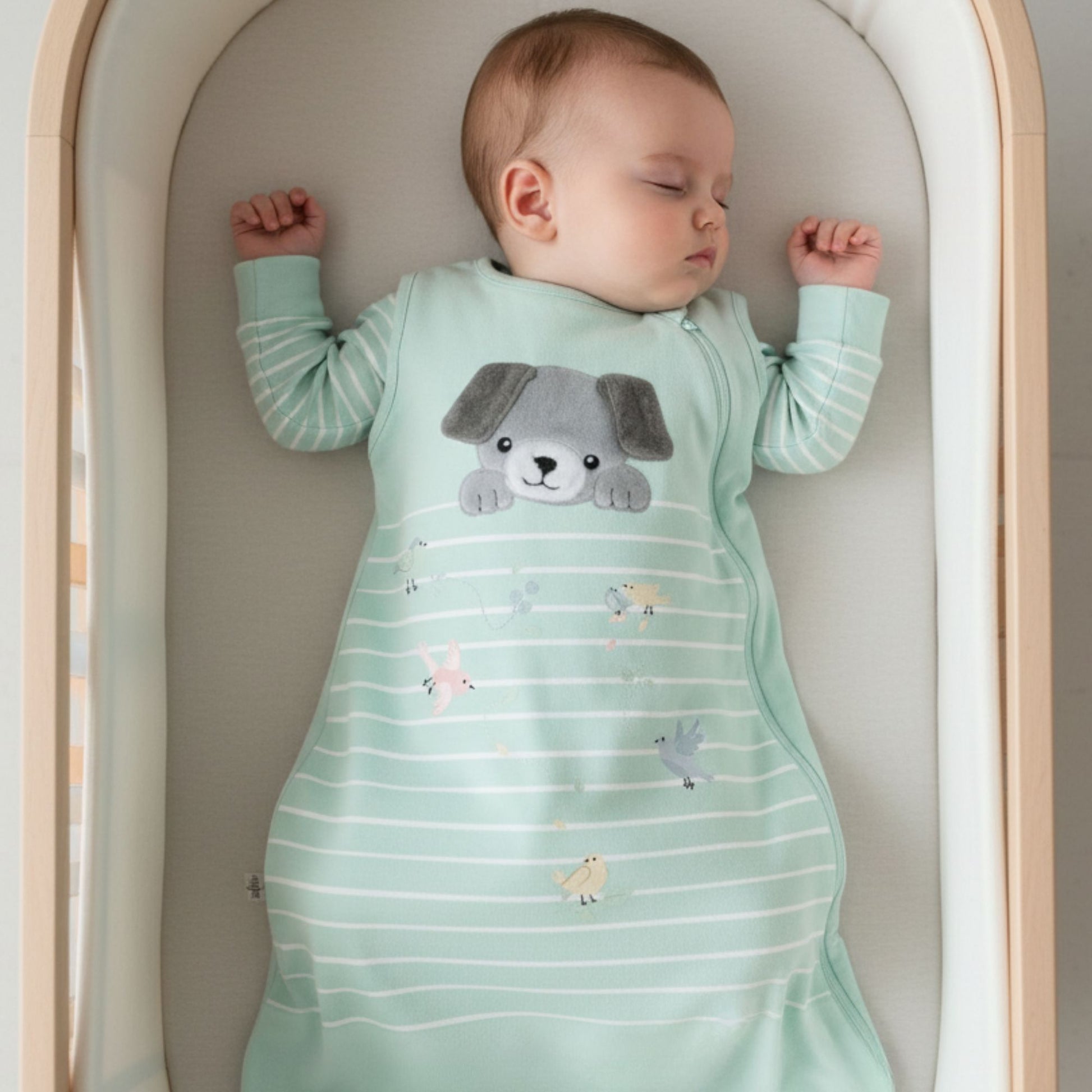 Sleeping baby in a Zelkii bamboo sleep sack featuring a cute puppy bear and birds design
