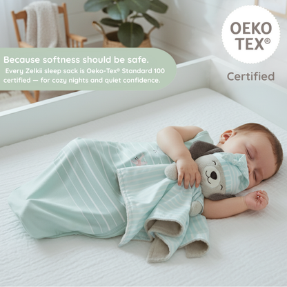 A baby sleeping peacefully in a crib, wearing a Zelkii mint green striped bamboo sleep sack and cuddling the matching 'asleep' puppy LuviDuvi lovey, with an 'OEKO-TEX Certified' logo.