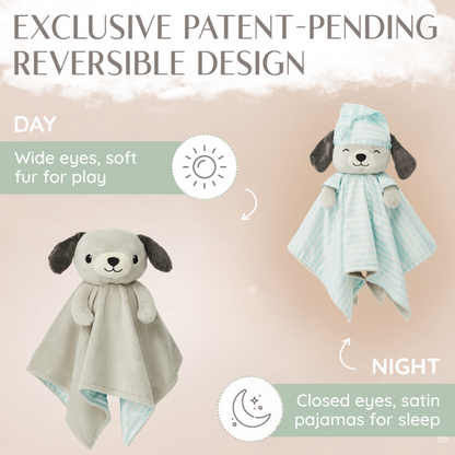 Image explaining the 'Exclusive Patent-Pending Reversible Design' of the Zelkii puppy LuviDuvi lovey, showing its 'Day' (awake) and 'Night' (asleep) side.
