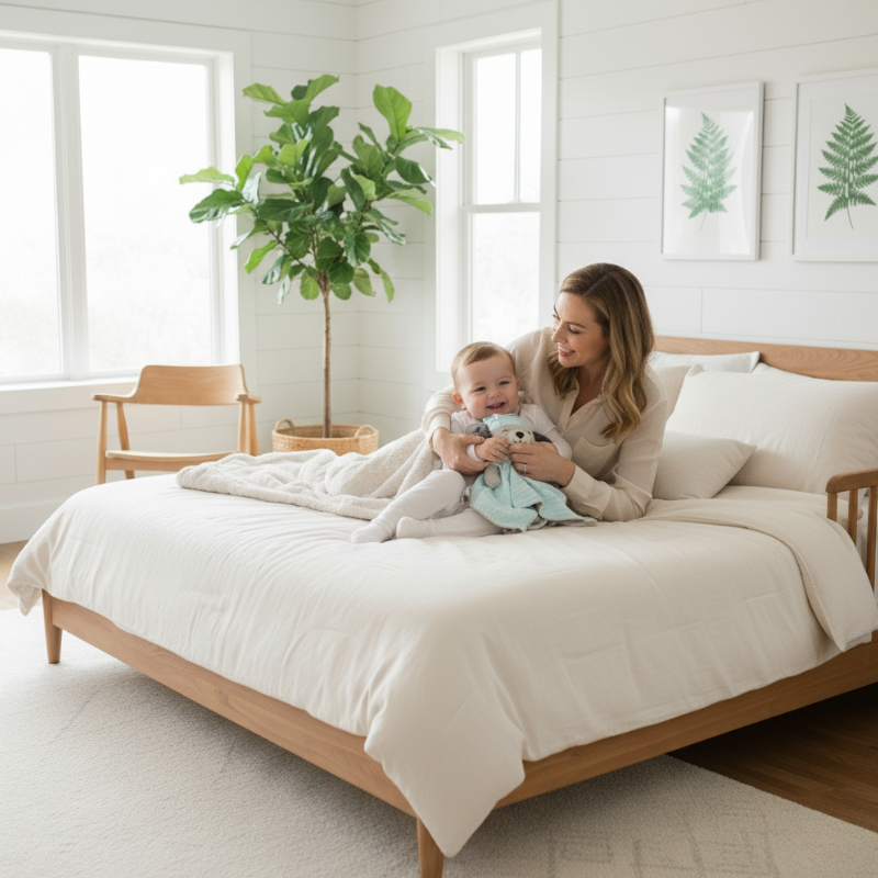 A smiling mother and baby sitting on a white bed in a bright bedroom, with the baby holding the 'awake' side of a Zelkii blue puppy LuviDuvi lovey.