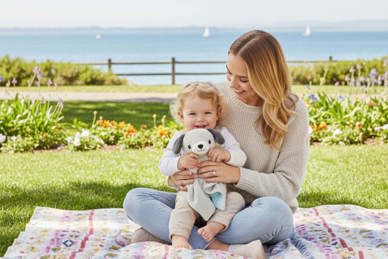 A happy toddler and mother sitting on a blanket in a park by the water, holding the 'awake' Zelkii puppy LuviDuvi lovey.