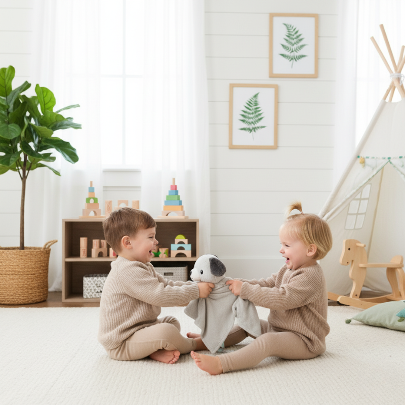 Two happy children playing tug with the 'awake' Zelkii puppy LuviDuvi lovey , with text highlighting 'Super soft plush fur' and 'Reinforced Stitching Withstands play.
