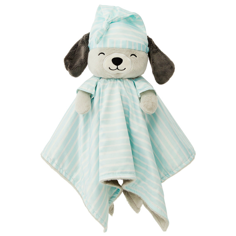 The 'asleep' side of a Zelkii mint puppy LuviDuvi lovey, showing its closed eyes with sleep hat and reversible striped underside.
