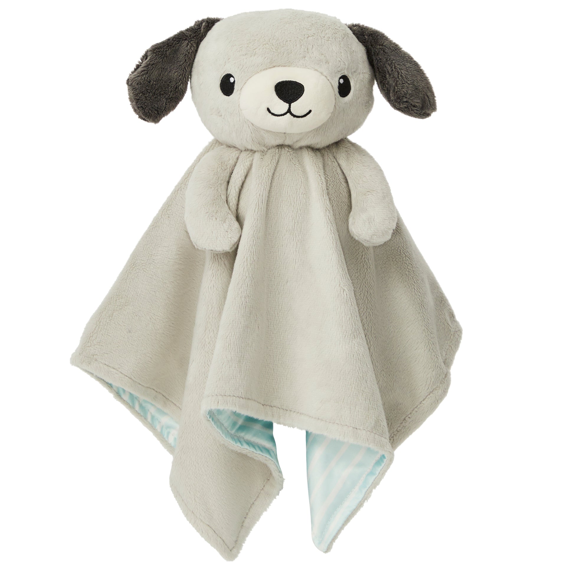 The 'awake' side of a Zelkii puppy fawn LuviDuvi lovey, showing its open eyes and reversible solid grey underside.