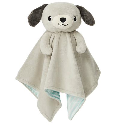 The 'awake' side of a Zelkii puppy fawn LuviDuvi lovey, showing its open eyes and reversible solid grey underside.