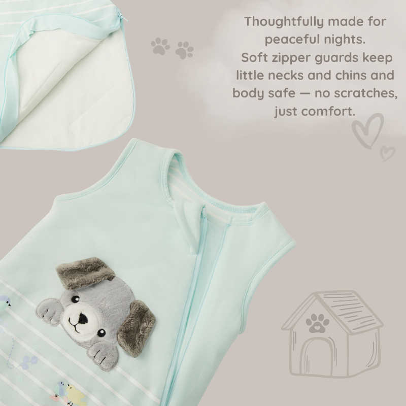 A close-up of the Zelkii puppy sleep sack, with an inset showing the soft interior zipper guard to prevent scratches, and text 'Thoughtfully made for peaceful nights.
