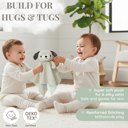 Two happy children playing tug with the 'awake' Zelkii puppy LuviDuvi lovey , with text highlighting 'Super soft plush fur' and 'Reinforced Stitching Withstands play

