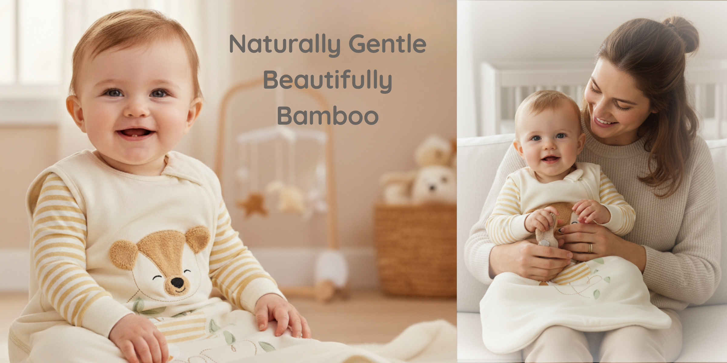 Naturally Gentle, Beautifully Bamboo baby sleep sack in cream with stripe accents and a teddy bear design, shown on a happy baby and a mother cuddling her baby.