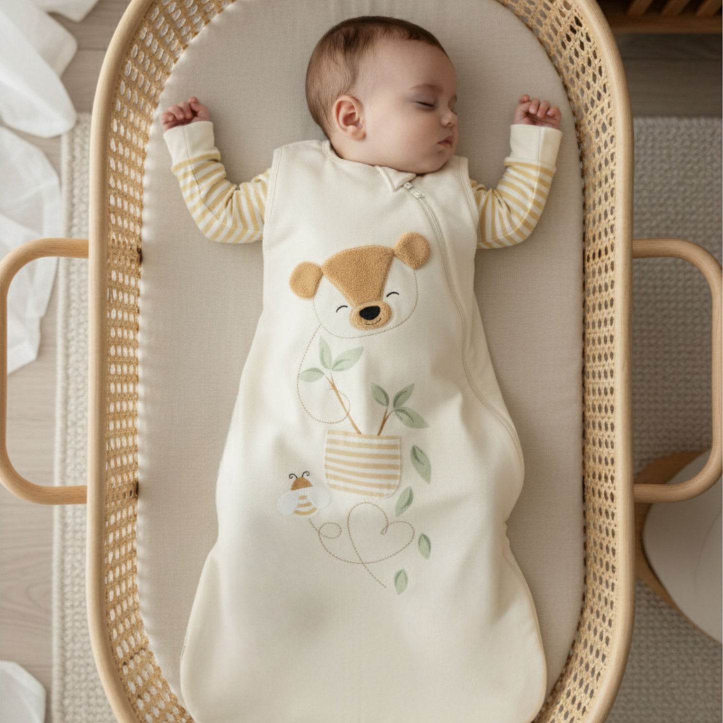 Zelkii baby sleeping in a bamboo sleep sack with a teddy bear design"