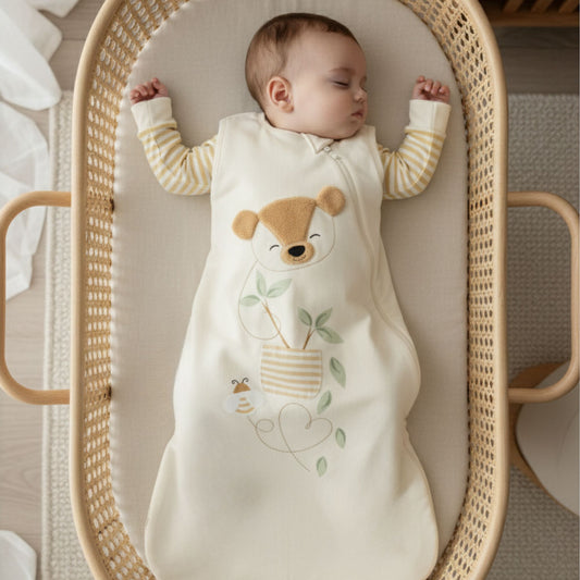 Zelkii baby sleeping in a bamboo sleep sack with a teddy bear design"