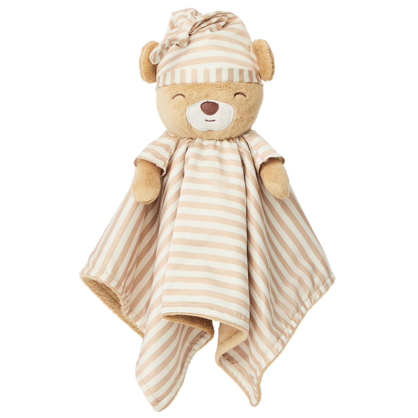 The 'asleep' side of a Zelkii teddy bear LuviDuvi lovey, showing its closed eyes with sleep hat and reversible striped underside.
