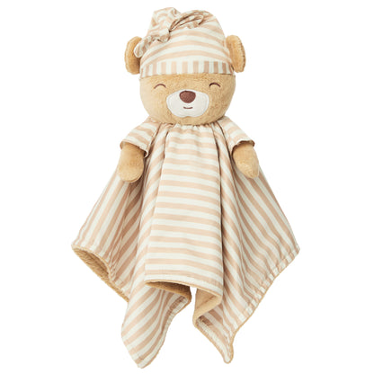 The 'asleep' side of a Zelkii teddy bear LuviDuvi lovey, showing its closed eyes with sleep hat and reversible striped underside.
