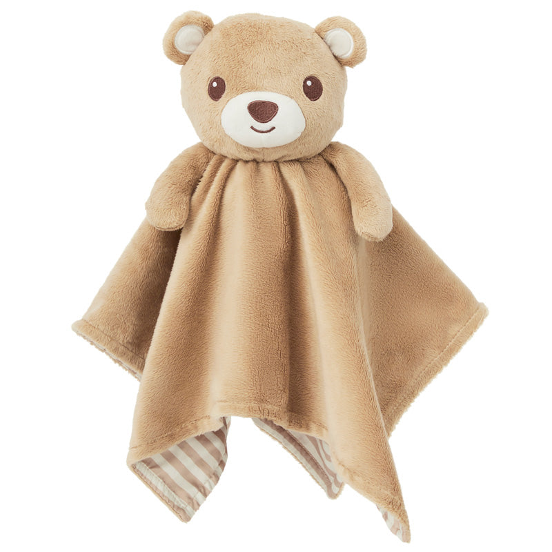 The 'awake' side of a Zelkii teddy bear LuviDuvi lovey, showing its open eyes and reversible solid brown underside.
