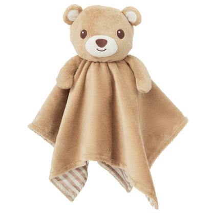 The 'awake' side of a Zelkii teddy bear LuviDuvi lovey, showing its open eyes and reversible solid brown underside.
