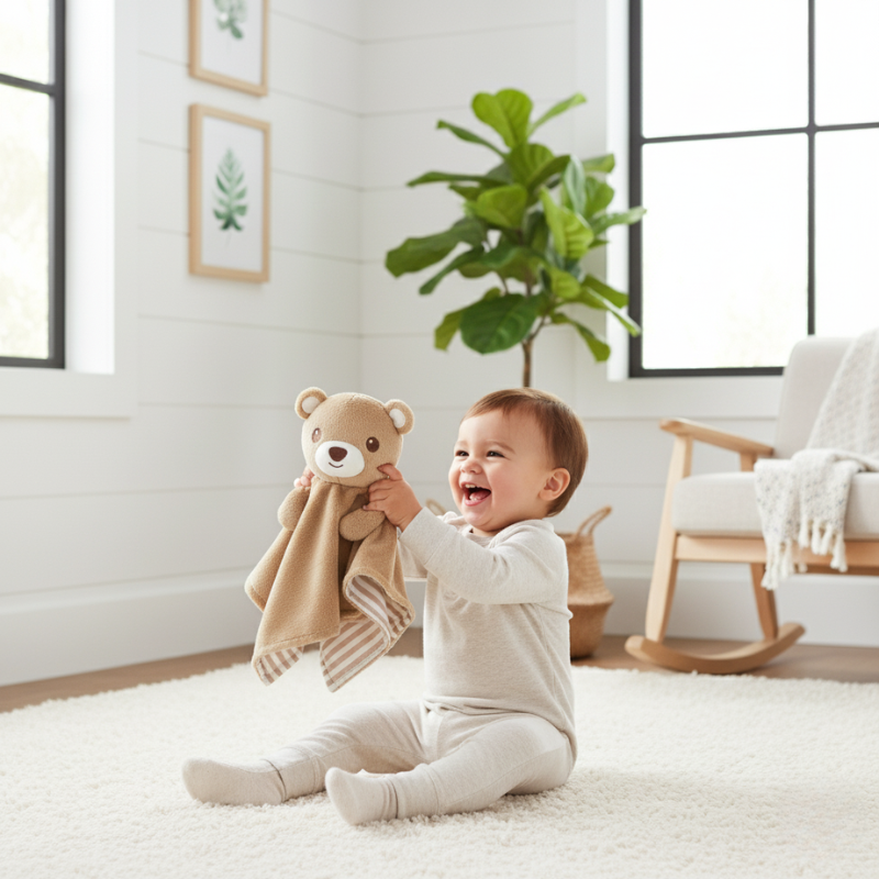 A laughing baby sitting on a white rug in a nursery, holding the 'awake' side of a Zelkii teddy bear LuviDuvi lovey