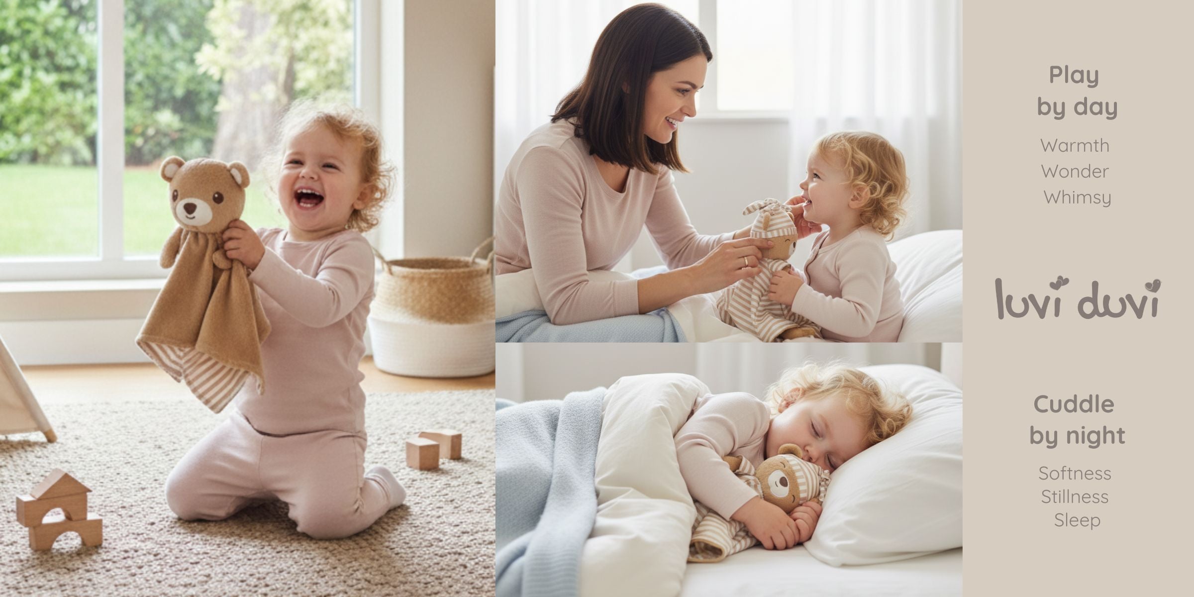 Three photos showing the Zelkii teddy bear LuviDuvi lovey: a toddler playing with the 'awake' side, a mother showing the 'asleep' side, and the toddler sleeping with the 'asleep' side.
