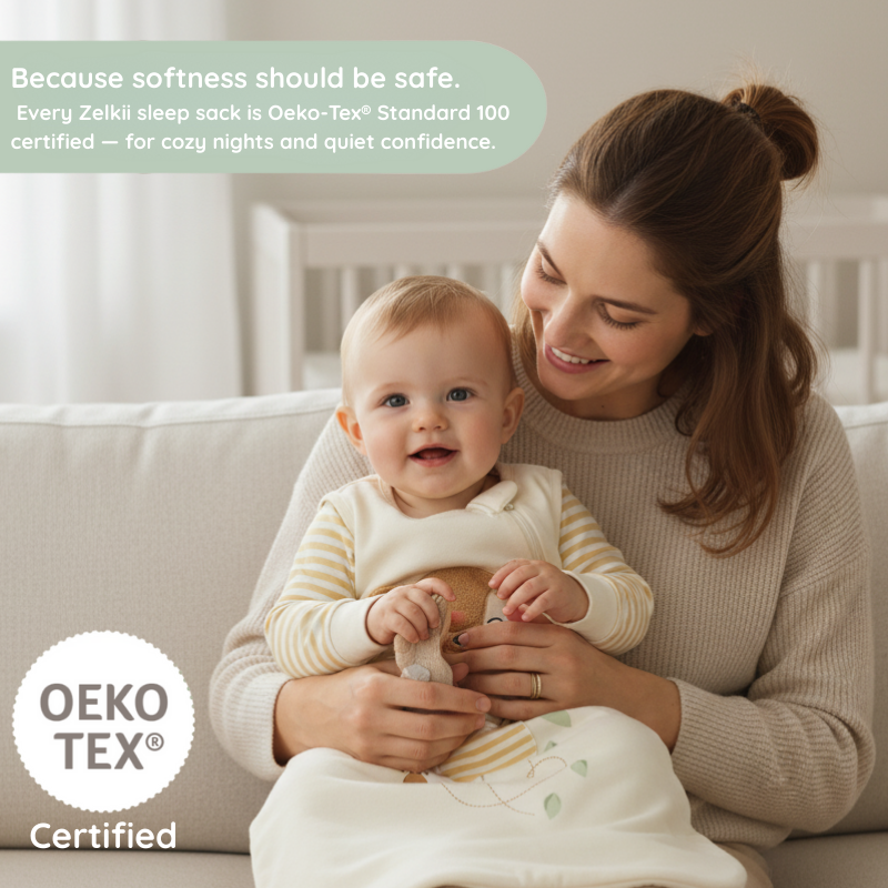 Lifestyle image of a mother and baby with the Zelkii 'Teddy Collection', showing the Oeko-Tex certified sleep sack and the matching 'awake' LuviDuvi lovey.