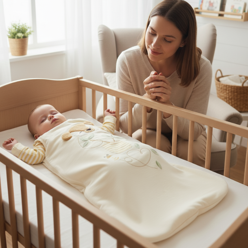 A mother sits and watches her baby sleeping peacefully in a crib, wearing a Zelkii cream teddy bear sleep sack.