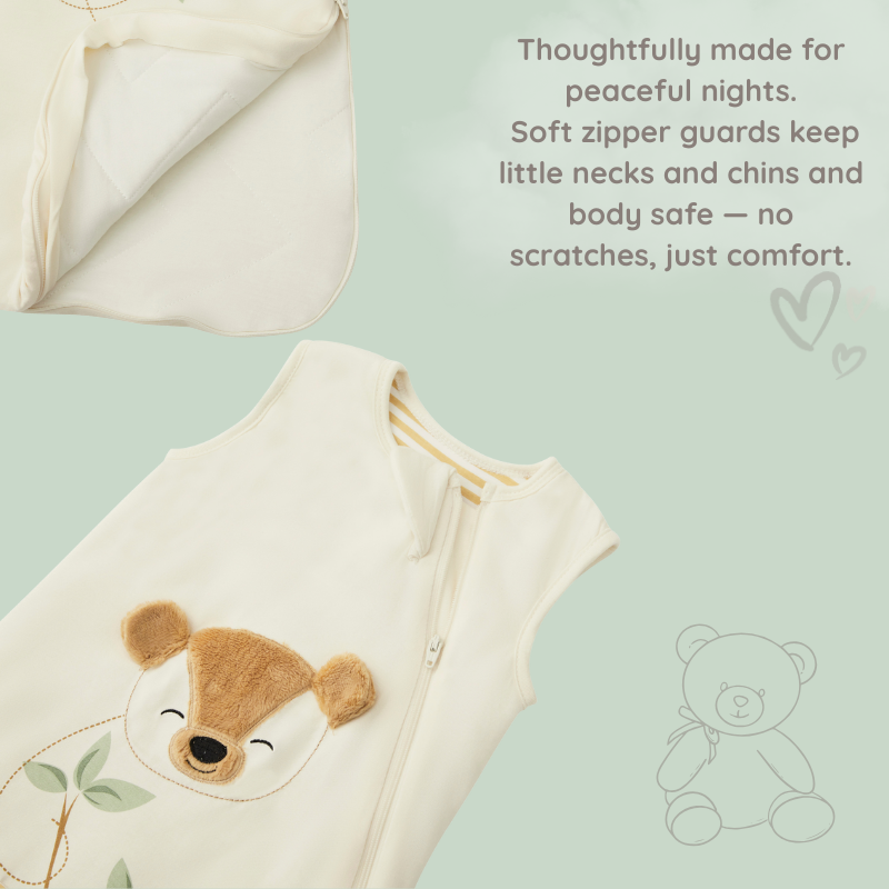 Feature image of the Zelkii teddy bear sleep sack, showing its two-way zipper and the soft internal zipper guard for comfort and safety.